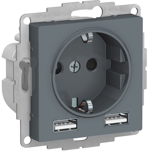 Розетка с заземлением +2xUSB тип A+A без рамки Systeme Electric AtlasDesign 1-м. грифель фото Розетка с заземлением +2xUSB тип A+A без рамки Systeme Electric AtlasDesign 1-м. грифель картинка